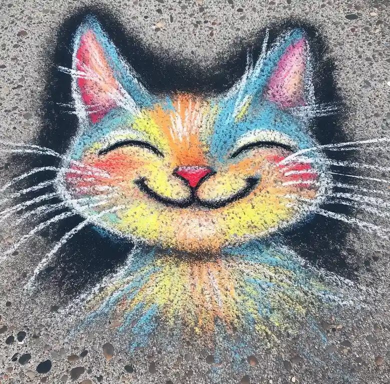 Easy sidewalk chalk drawing of a smiling cat