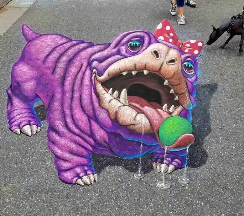 3D chalk art of a purple bulldog dinosaur by Chris Carlson