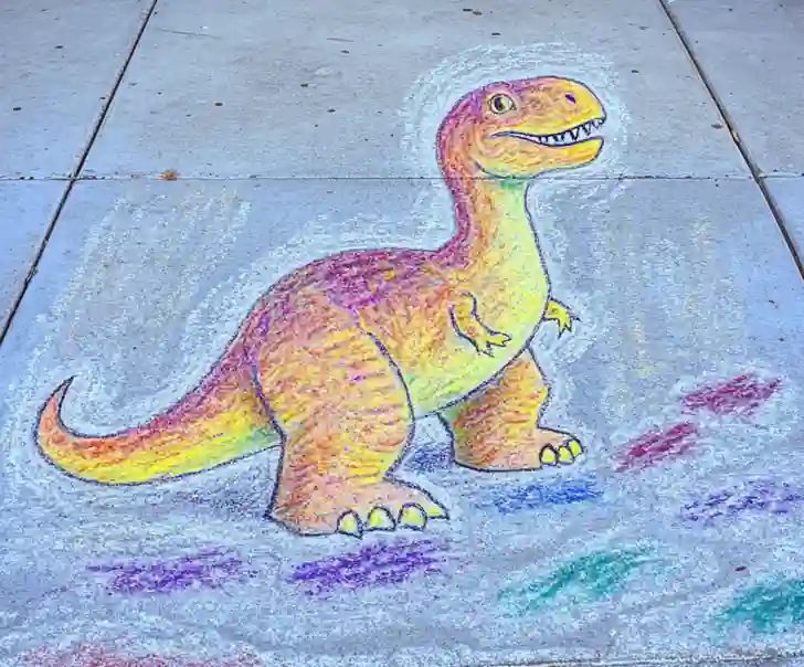 Easy chalk art drawing of a purple and orange dinosaur