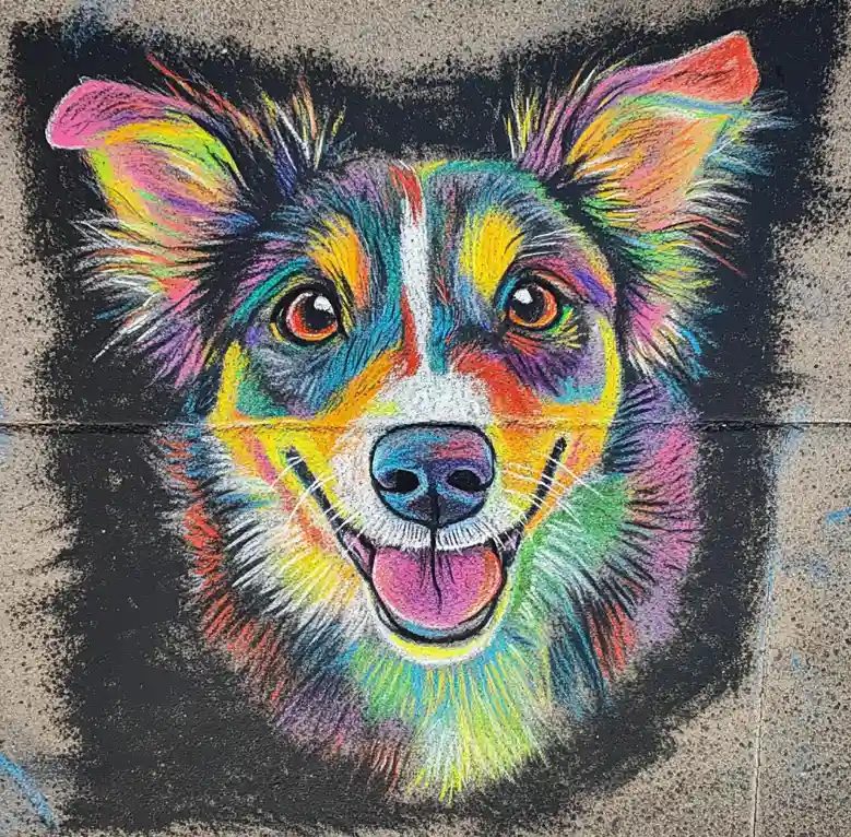 Colorful chalk art of a happy dog
