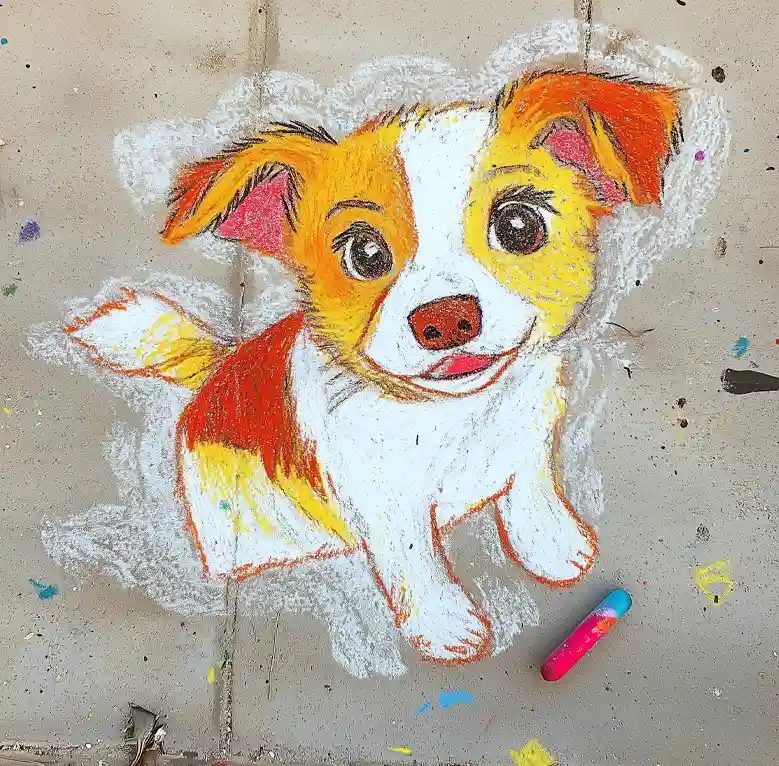 Simple sidewalk chalk art drawing of an orange and white dog