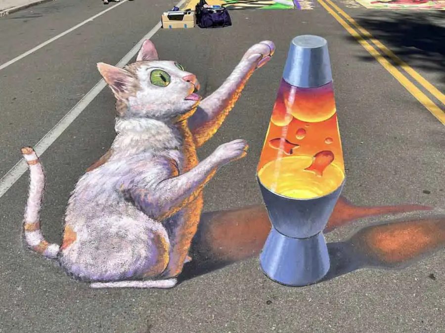3D street art of a cat and a lava lamp by Chris Carlson