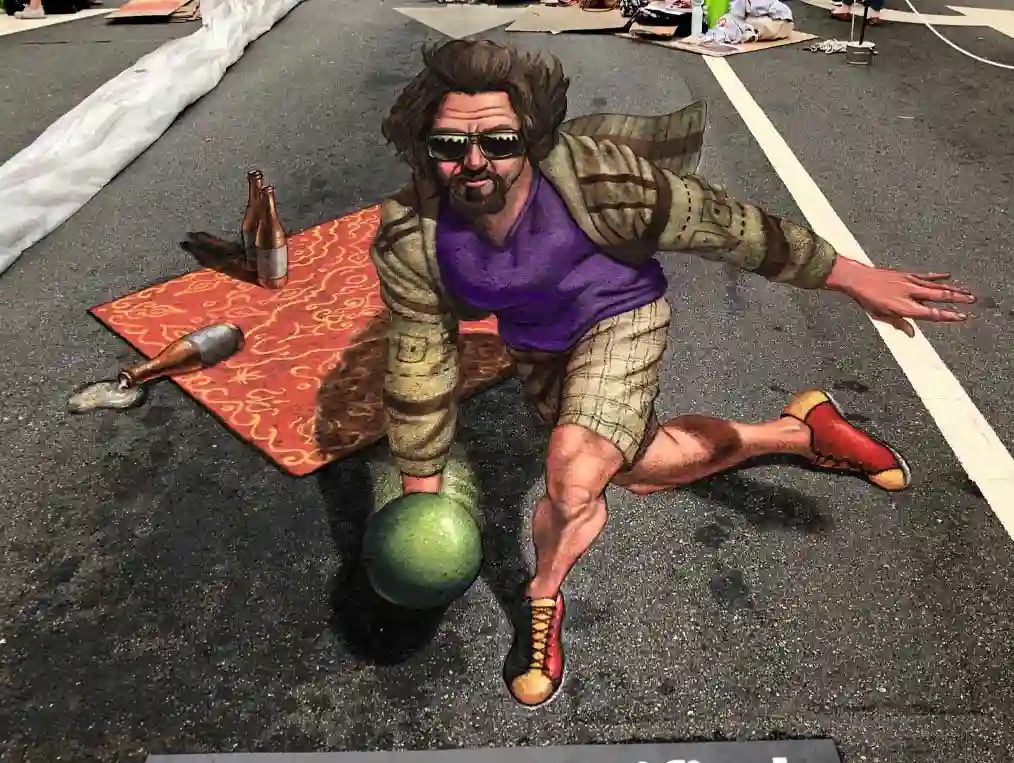The Big Lebowski 3D chalk art illusion, a 10ft x 20ft street painting by Chris Carlson in Marietta, Georgia