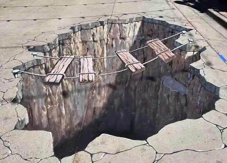 Don't Look Down 3D chalk art of a hole in the ground illusion, 8ft x 14ft, by Chris Carlson in Denver, Colorado
