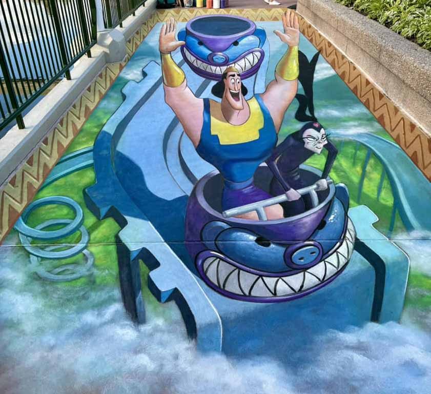 Emperor's New Groove 3D chalk art, a 10ft x 30ft anamorphic street painting by Chris Carlson at Epcot, Walt Disney World in Orlando, Florida