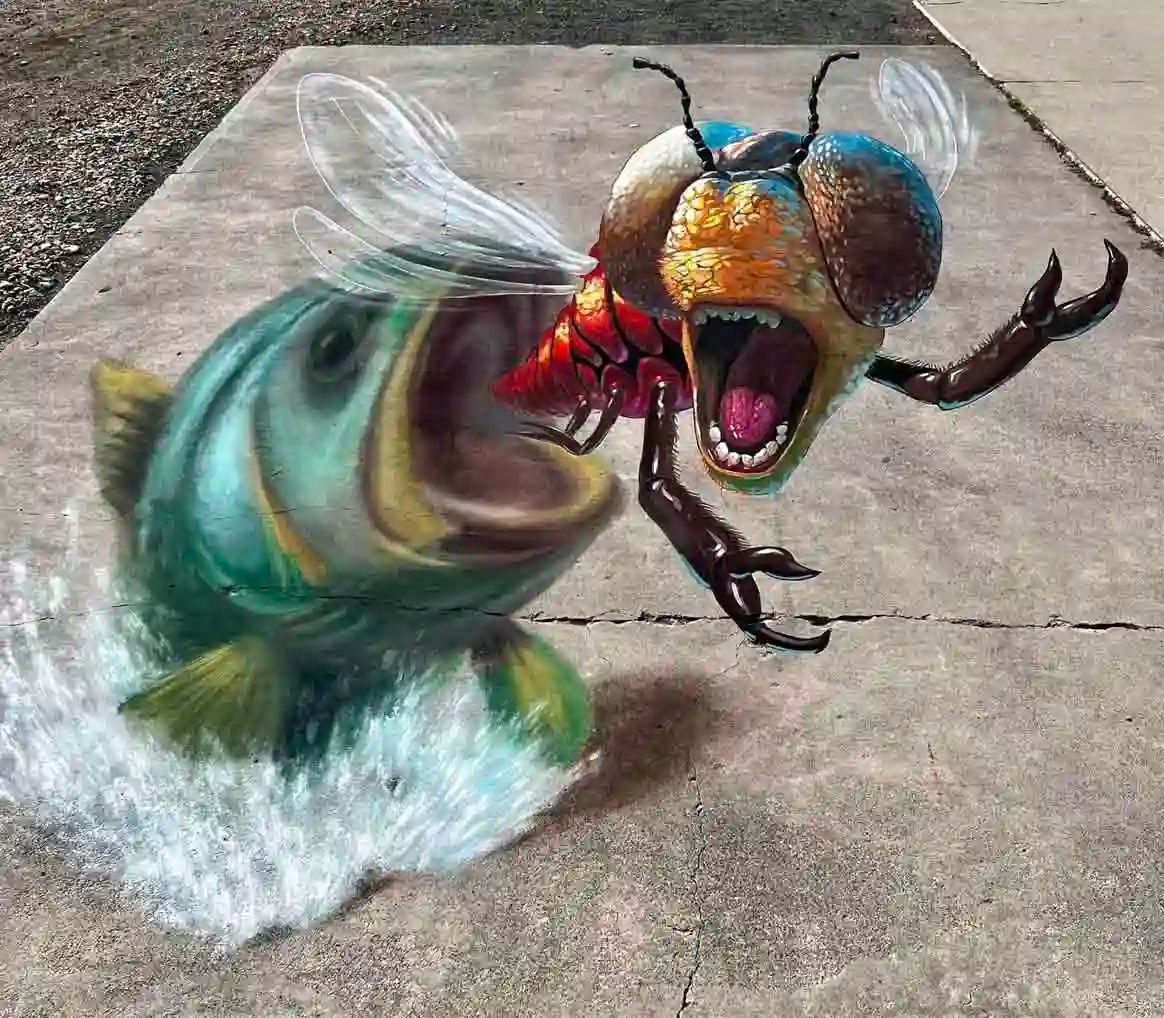 3D chalk street painting of a soaring scene titled Fly Away, 10ft x 20ft, by Chris Carlson in Yellowstone, Montana