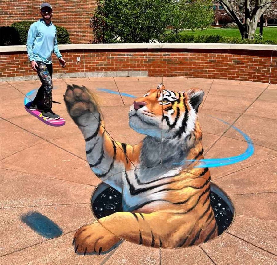 Interactive 3D chalk art of a tiger on a hoverboard by Chris Carlson
