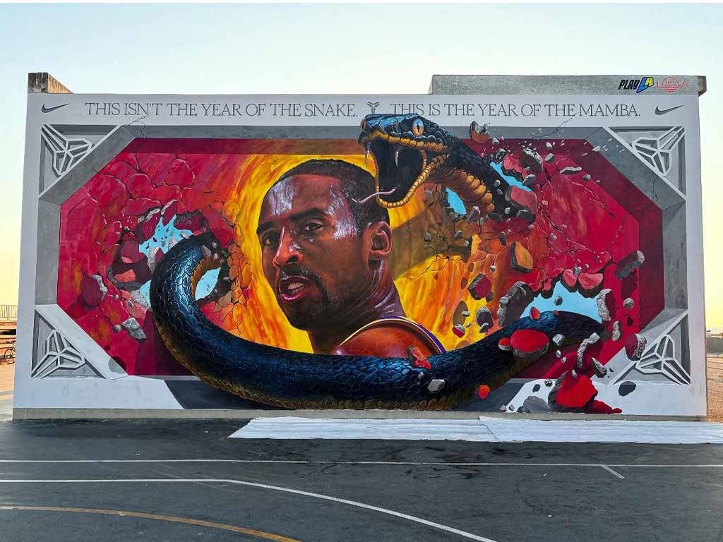 Black Mamba Kobe Bryant tribute 3D mural, a 20ft x 40ft anamorphic wall painting by Chris Carlson at Venice Beach, California