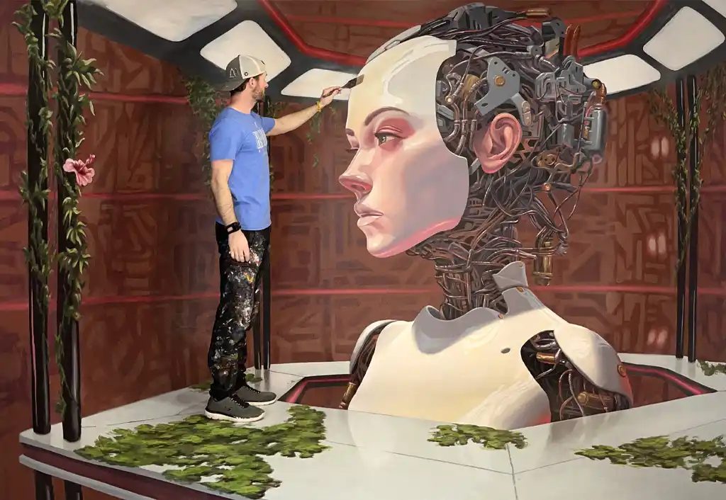 Cyborg 3D mural illusion by Chris Carlson, a museum installation in Denver, Colorado