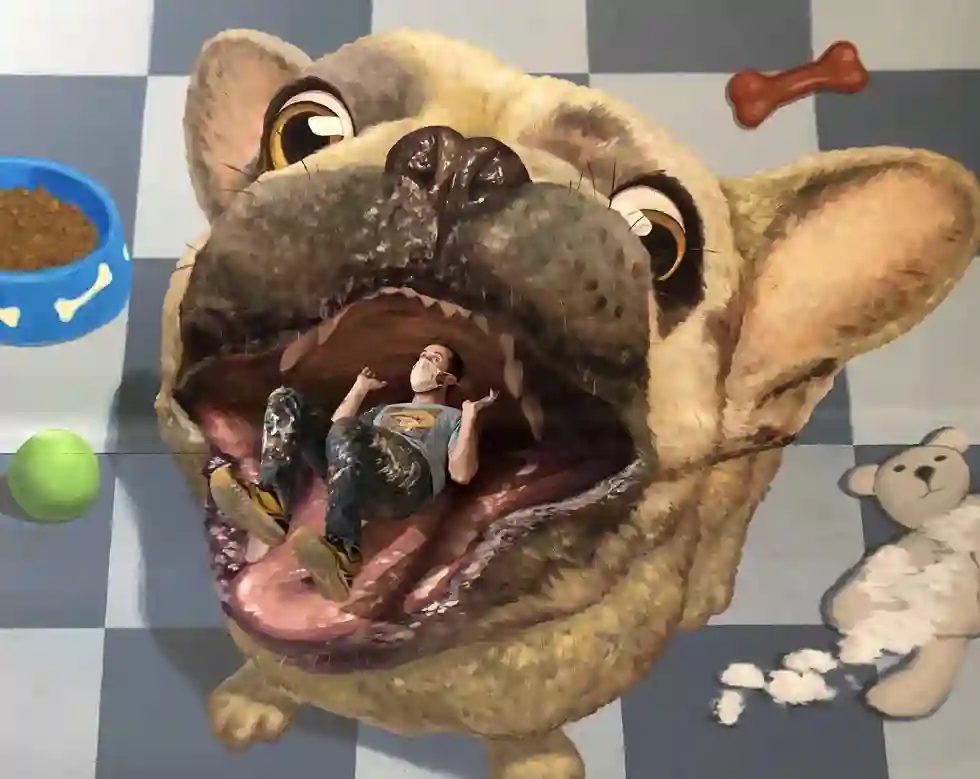 Giant dog mouth 3D mural illusion by Chris Carlson, a museum installation in Rutherford, New Jersey
