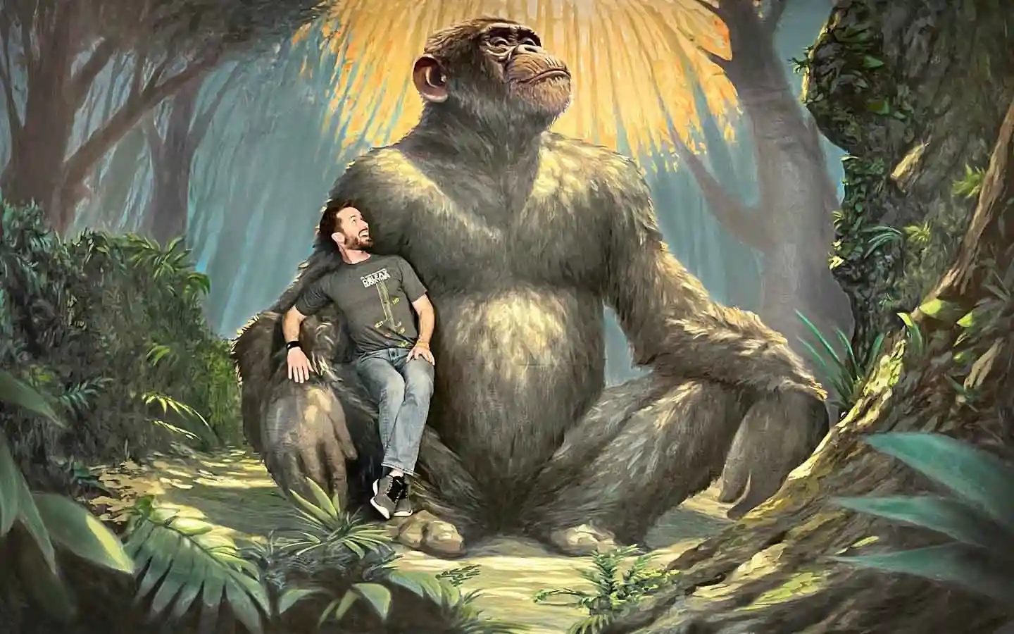 Giant ape 3D mural illusion painted on a museum wall