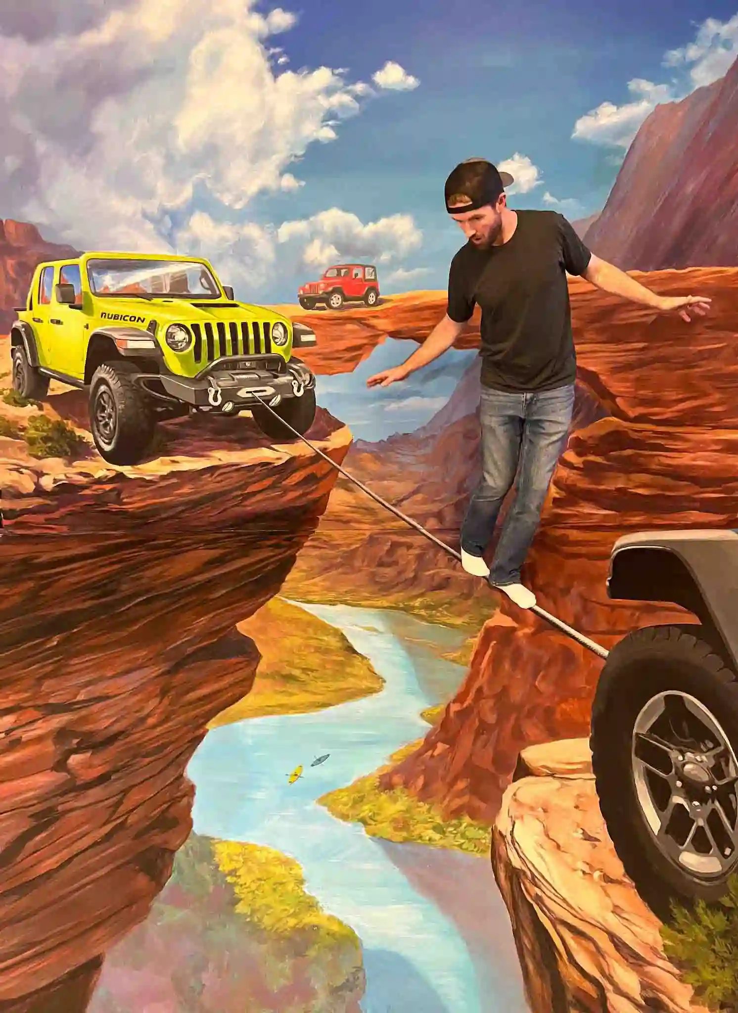 Interactive 3D Jeep mural painting by Chris Carlson for a dealership in Chicago, Illinois