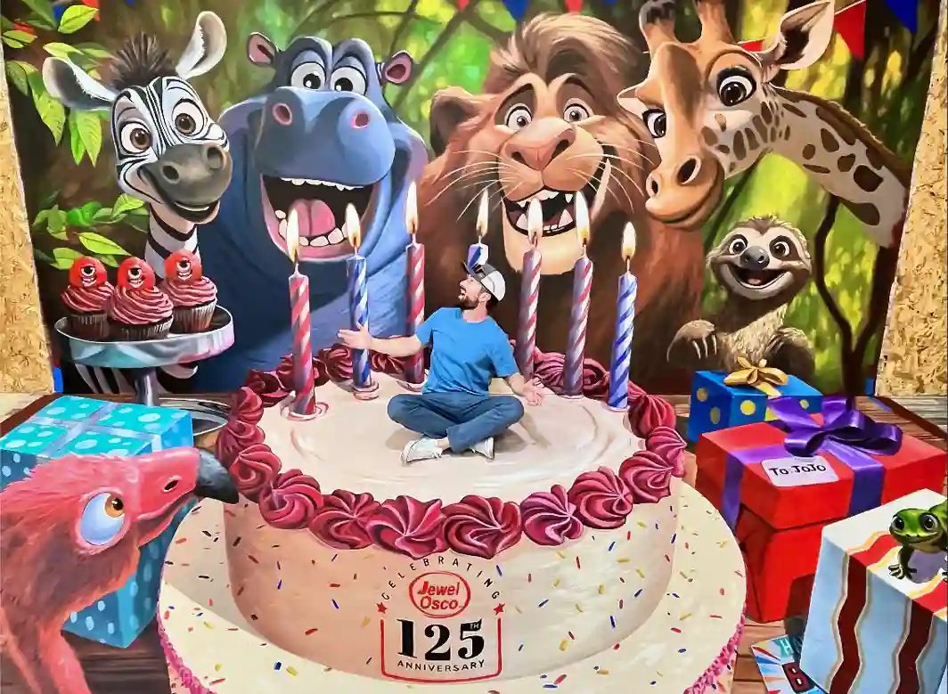 Interactive zoo animals 3D mural by Chris Carlson for a corporate event in Chicago, Illinois