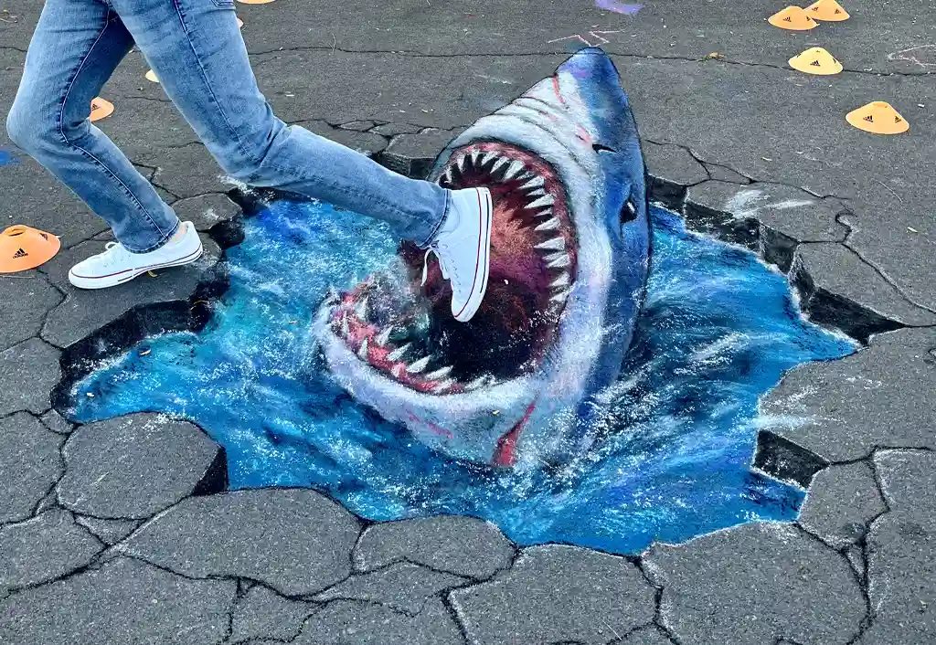 Chris Carlson standing inside a giant 3D chalk art shark illusion painted on the pavement
