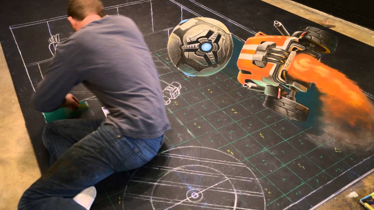 Time-lapse of Chris Carlson creating the Rocket League 3D chalk art