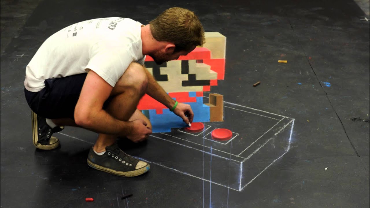 Time-lapse of Chris Carlson creating the Super Mario 3D chalk art